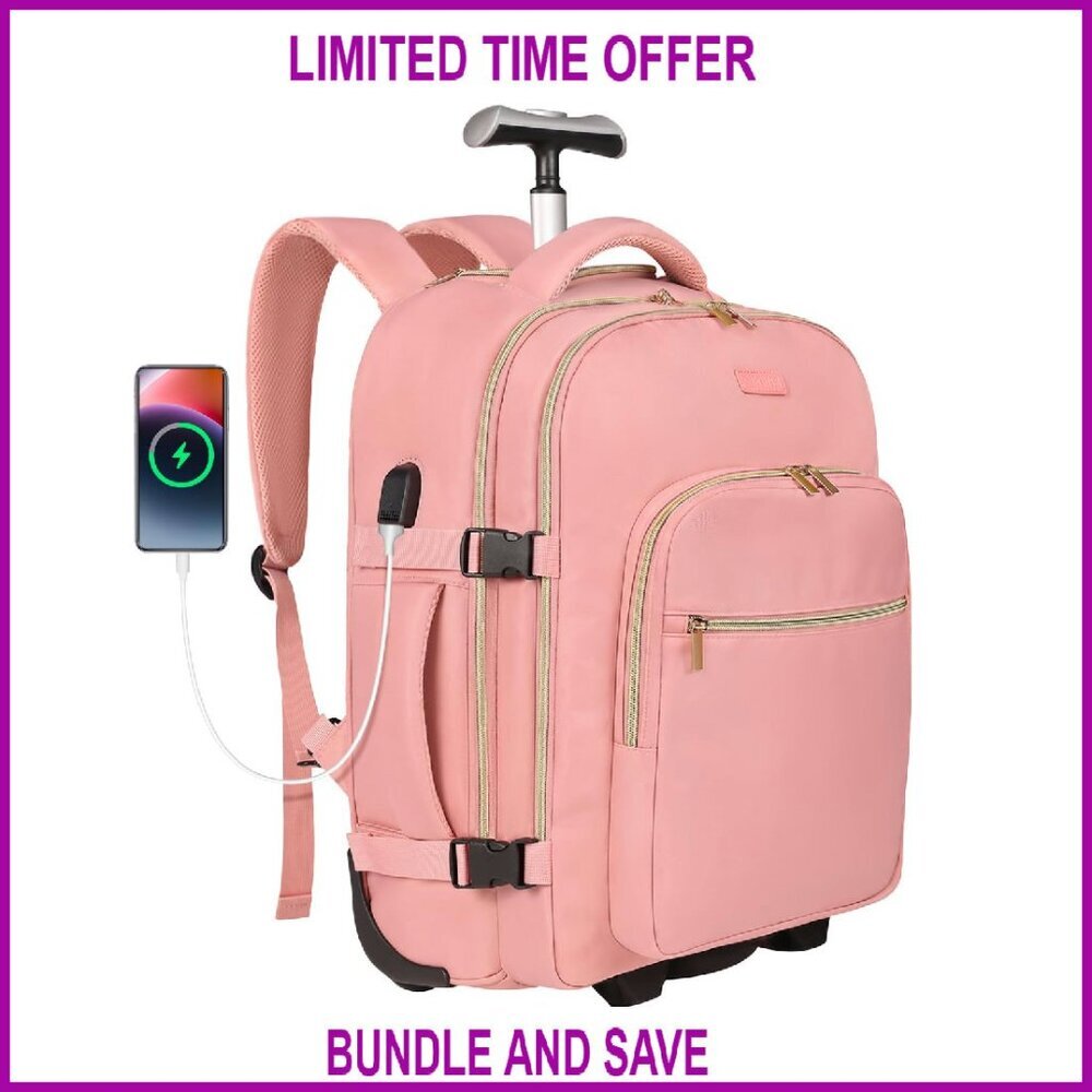 17-Inch Rolling Laptop Backpack with Wheels, USB Port, Waterproof Travel Bag